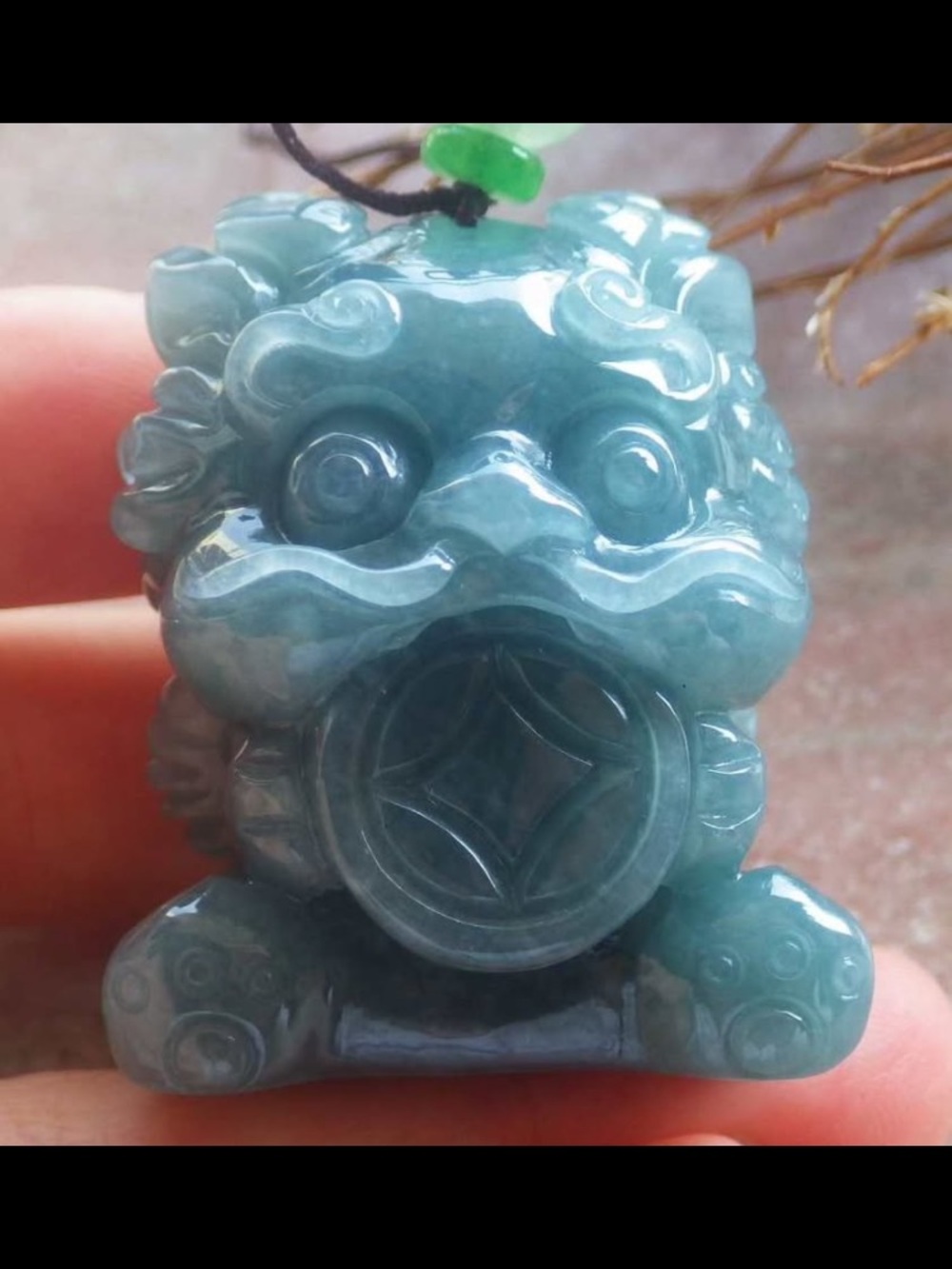 Water blue Certificate Jadeite jade Cartoon Dragon foo dog Pendant coin
